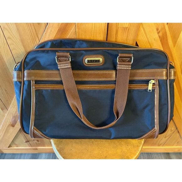 Jaguar Bag Vintage Carry On Luggage Blue Nylon And Brown Leather - Picture 1 of 8
